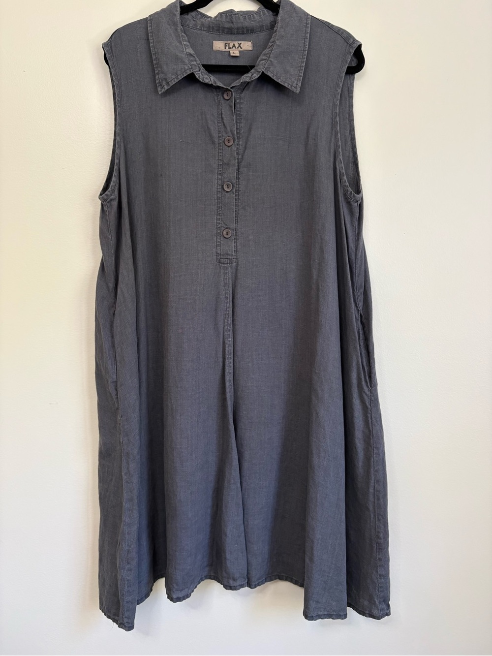 FLAX 100% Linen Sleeveless Shirtdress Slate Charcoal Gray Lagenlook Sz L